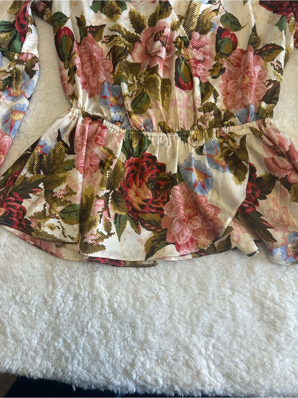 Guess Floral V-Neck Peplum Blouse - Pink, Green, Blue - Picture 6 of 7
